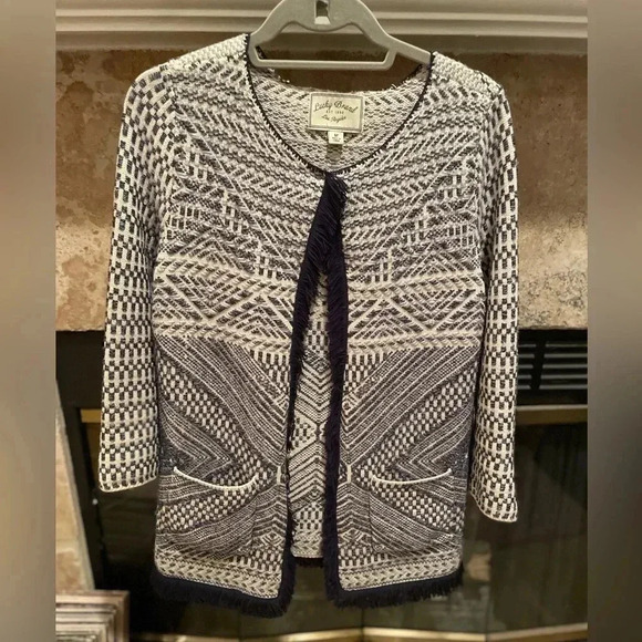 Lucky Brand Jackets & Blazers - LUCKY BRAND tweed cream blue geometric Aztec Southwstrn fringe cardigan jacket M
